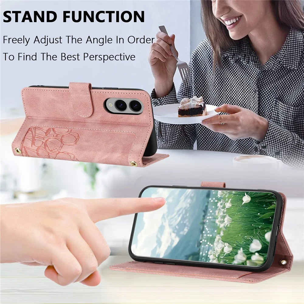 For Samsung Galaxy S25 Edge Case Tulip Leather Phone Cover with 5 Card Slots Wallet - Pink - 7