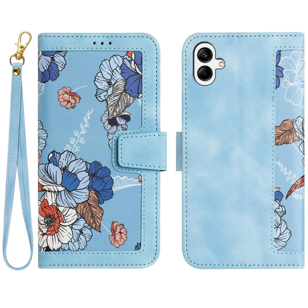 For Samsung Galaxy A25e Case PU Leather Floral Phone Cover with Card Slots / Wrist Strap - Baby Blue - 1