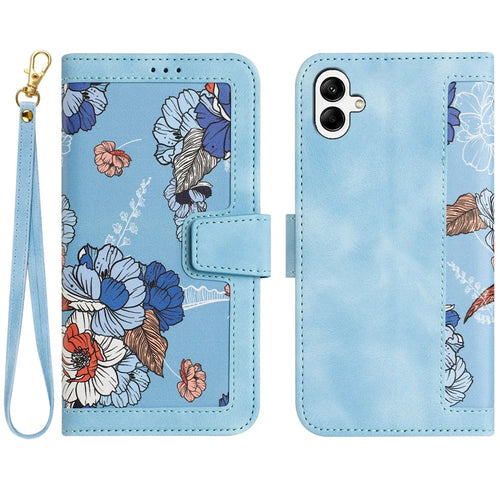 For Samsung Galaxy A25e Case PU Leather Floral Phone Cover with Card Slots / Wrist Strap - Baby Blue - 1
