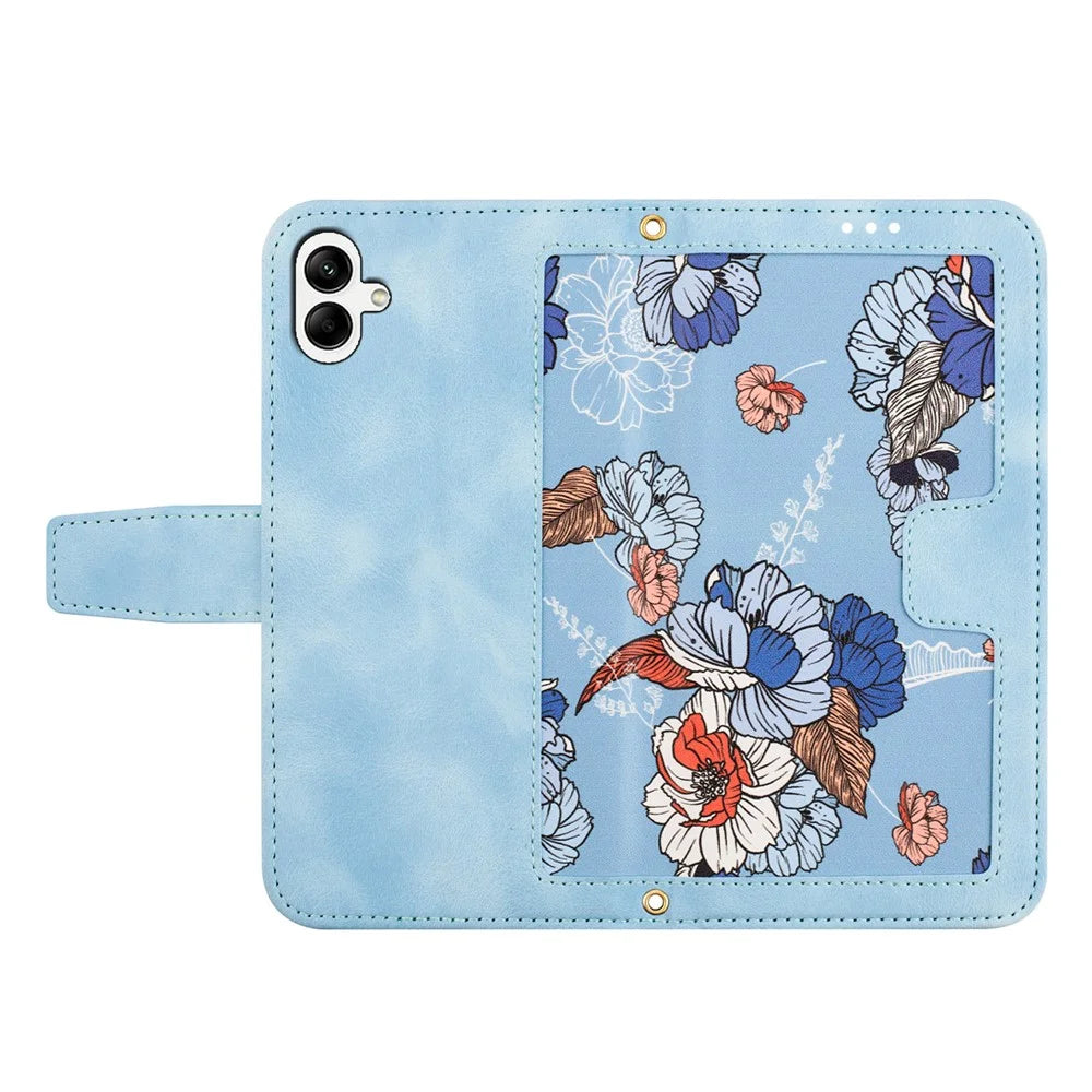 For Samsung Galaxy A25e Case PU Leather Floral Phone Cover with Card Slots / Wrist Strap - Baby Blue - 5