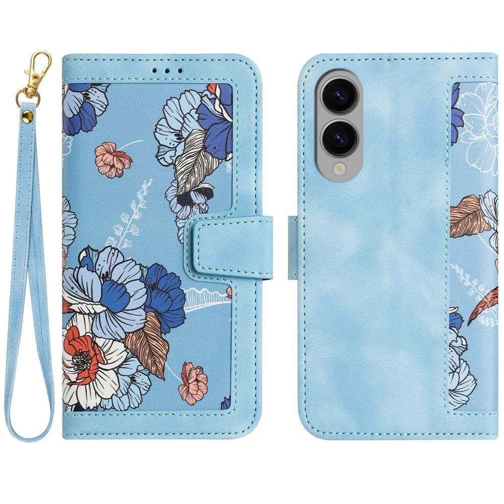 For Samsung Galaxy S25 Edge Case PU Leather Floral Phone Cover with Card Slots / Wrist Strap - Baby Blue - 1