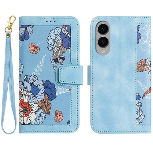 For Samsung Galaxy S25 Edge Case PU Leather Floral Phone Cover with Card Slots / Wrist Strap - Baby Blue - 1