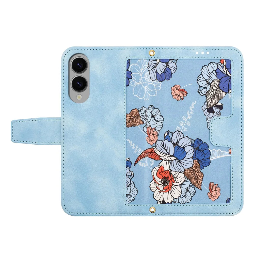 For Samsung Galaxy S25 Edge Case PU Leather Floral Phone Cover with Card Slots / Wrist Strap - Baby Blue - 5