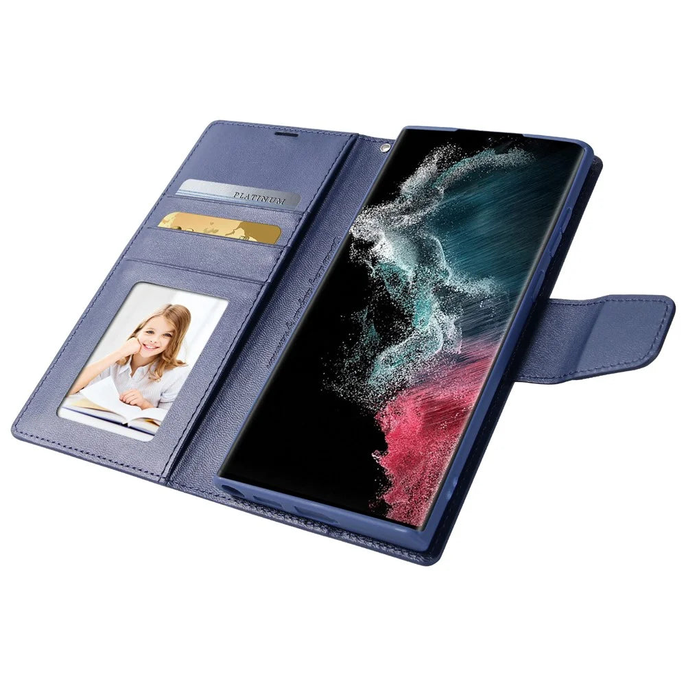 HANMAN Mill Series for Samsung Galaxy S25 Ultra Case Wallet Stand PU Leather Phone Cover - Sapphire - 3