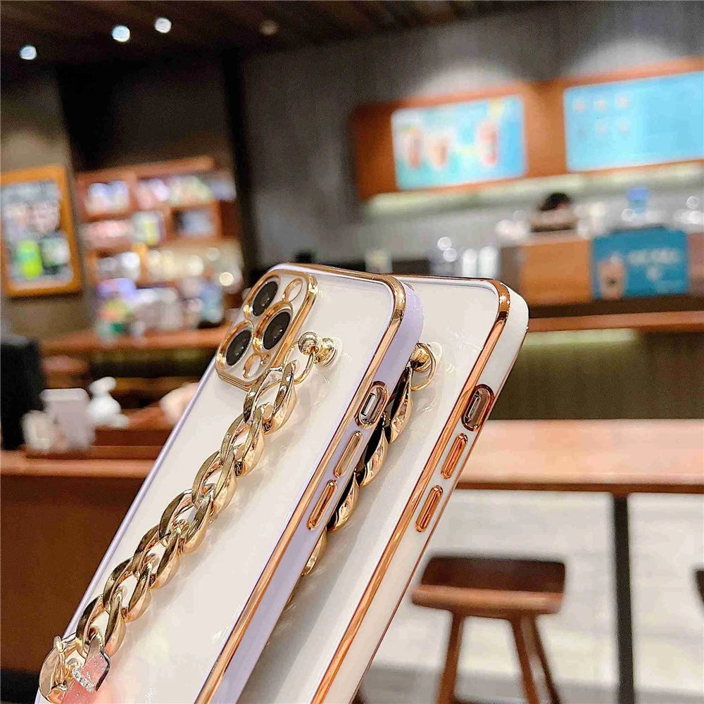 TPU Protective Case for iPhone 14 Pro, Dual Color Electroplating Anti-scratch Cover with Hand Chain - Black - 6