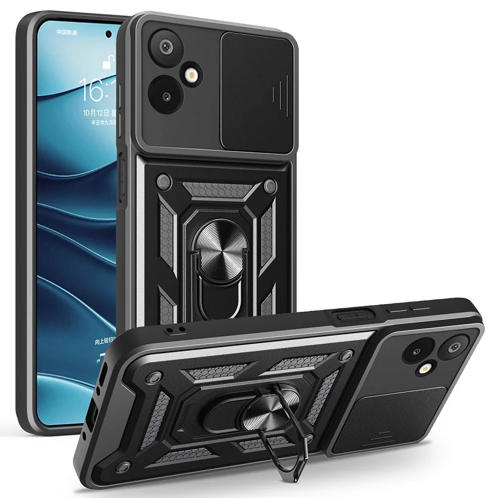 For Samsung Galaxy F06 5G  /  M06 5G Case with Slide Camera Lid PC + TPU Kickstand Phone Cover - Black - 1