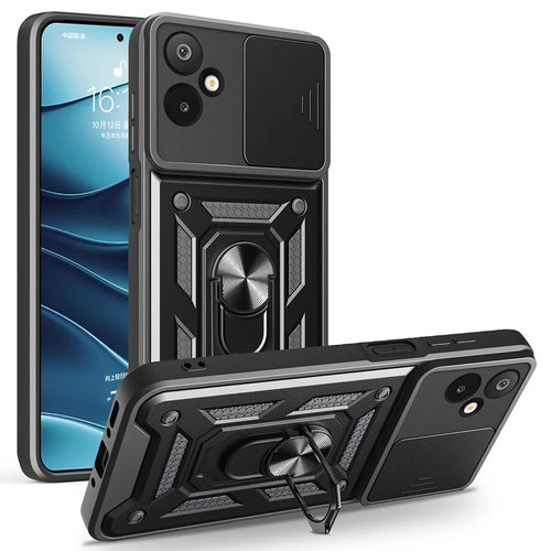 For Samsung Galaxy F06 5G  /  M06 5G Case with Slide Camera Lid PC + TPU Kickstand Phone Cover - Black - 1