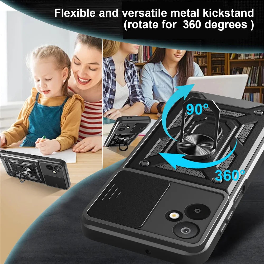 For Samsung Galaxy F06 5G  /  M06 5G Case with Slide Camera Lid PC + TPU Kickstand Phone Cover - Black - 3
