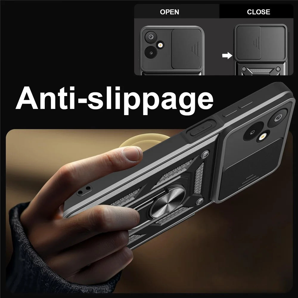 For Samsung Galaxy F06 5G  /  M06 5G Case with Slide Camera Lid PC + TPU Kickstand Phone Cover - Black - 6