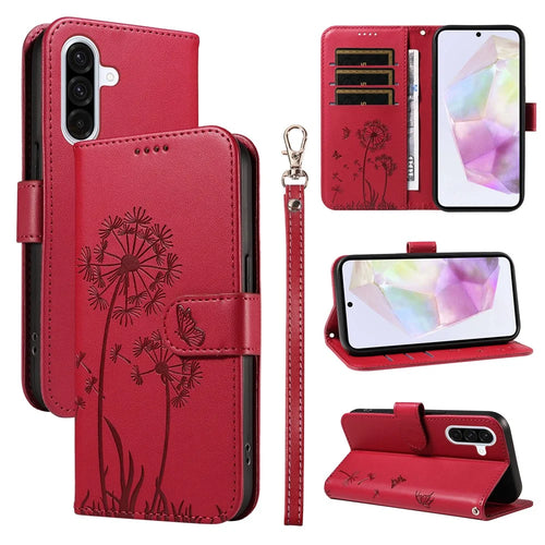 For Samsung Galaxy A56 5G / M56 5G Leather Wallet Case with Strap Dandelion Imprint Phone Stand Cover - Red - 1