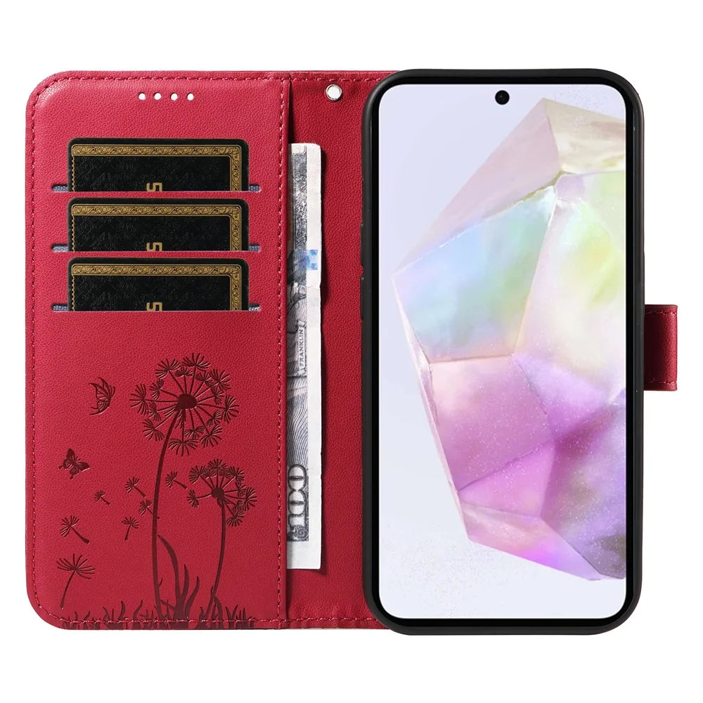 For Samsung Galaxy A56 5G / M56 5G Leather Wallet Case with Strap Dandelion Imprint Phone Stand Cover - Red - 2