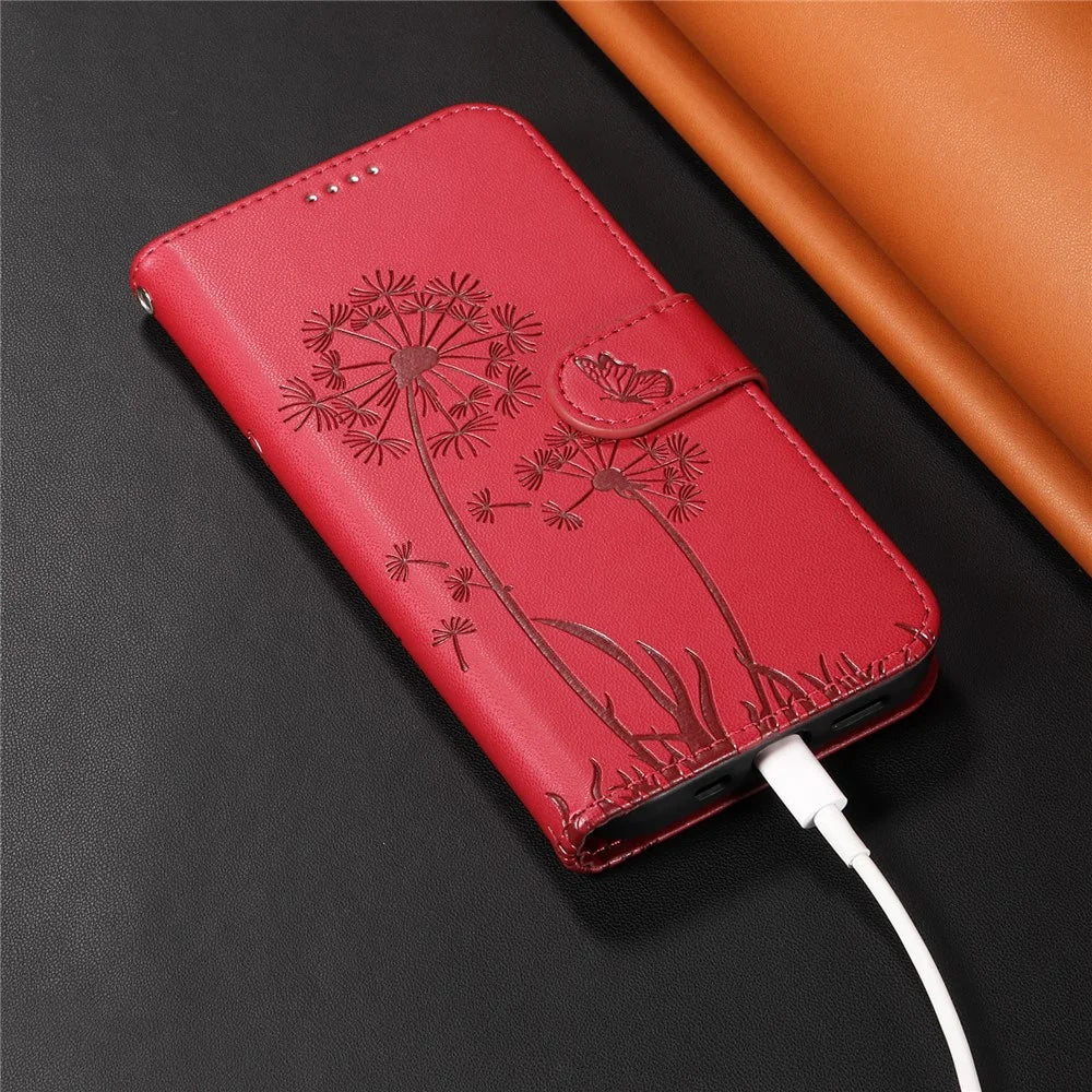 For Samsung Galaxy A56 5G / M56 5G Leather Wallet Case with Strap Dandelion Imprint Phone Stand Cover - Red - 6