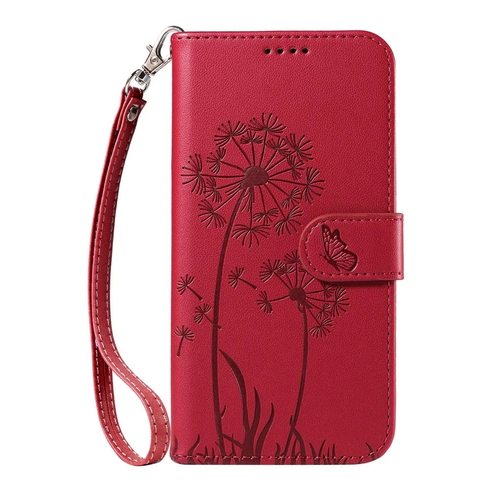 For Samsung Galaxy A56 5G / M56 5G Leather Wallet Case with Strap Dandelion Imprint Phone Stand Cover - Red - 7