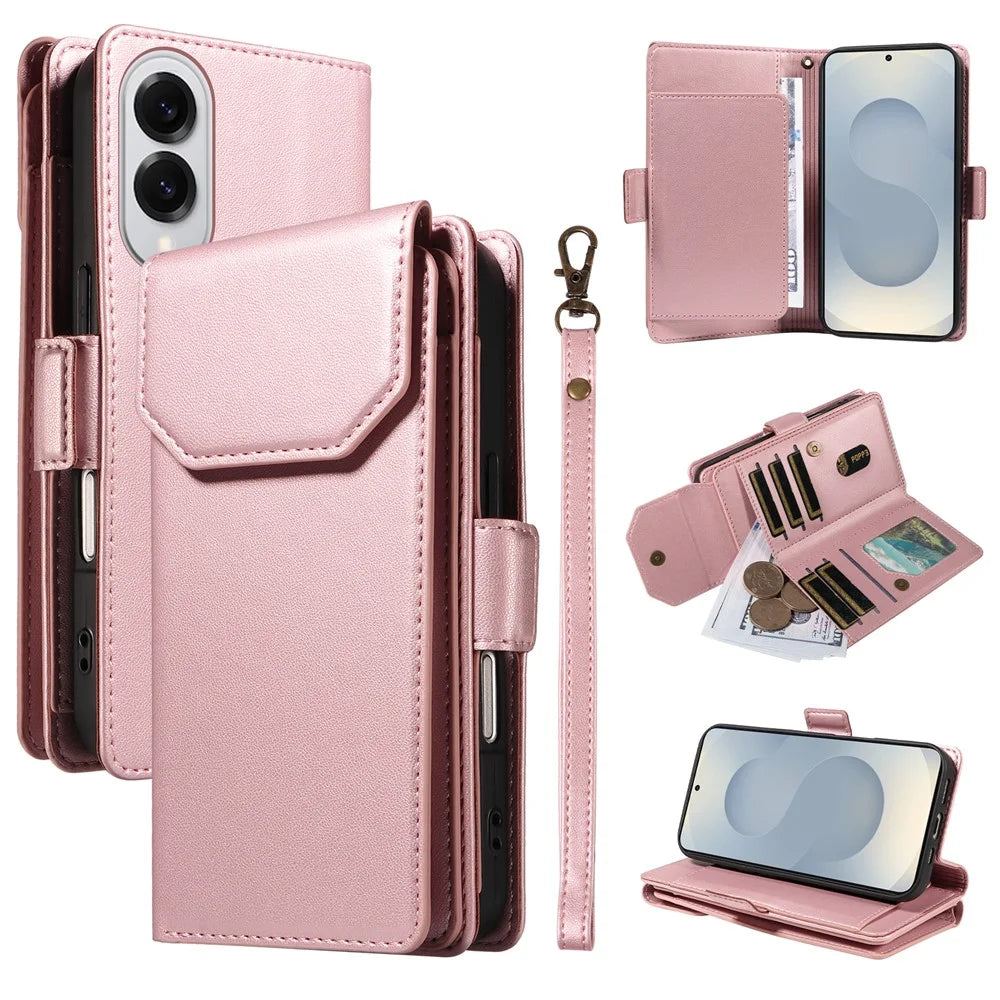 For Samsung Galaxy S25 Edge Case with Multi-Card Holder and Strap PU Leather Phone Cover Stand - Rose Gold - 1