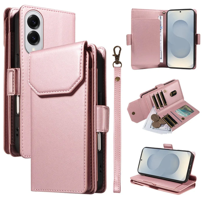 For Samsung Galaxy S25 Edge Case with Multi-Card Holder and Strap PU Leather Phone Cover Stand - Rose Gold - 1