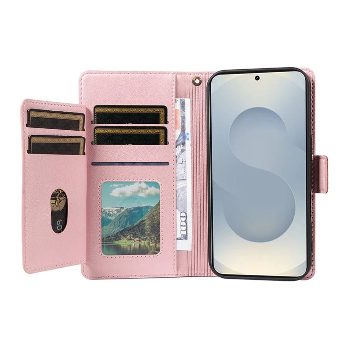 For Samsung Galaxy S25 Edge Case with Multi-Card Holder and Strap PU Leather Phone Cover Stand - Rose Gold - 2