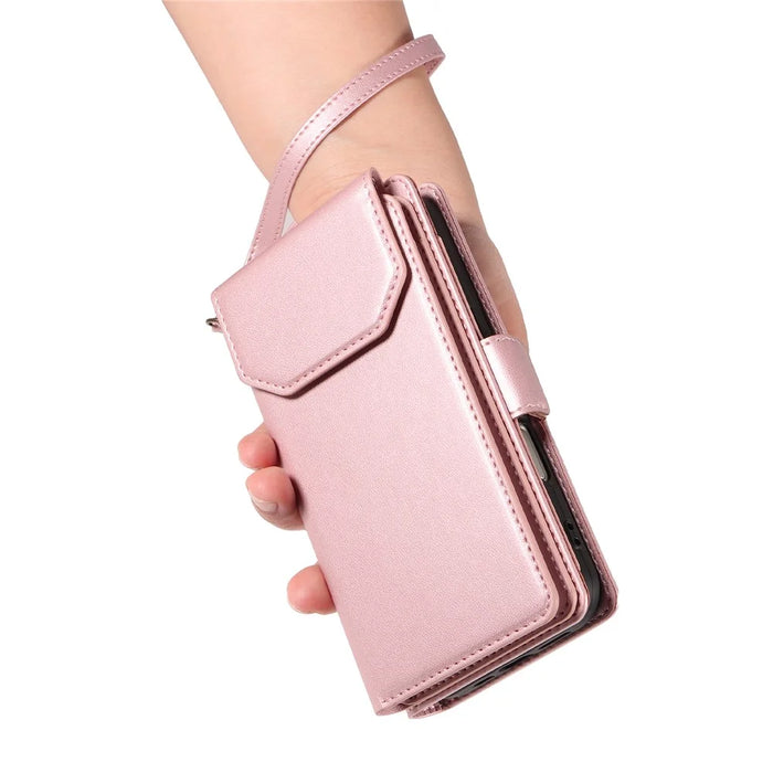 For Samsung Galaxy S25 Edge Case with Multi-Card Holder and Strap PU Leather Phone Cover Stand - Rose Gold - 3