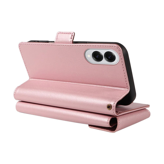 For Samsung Galaxy S25 Edge Case with Multi-Card Holder and Strap PU Leather Phone Cover Stand - Rose Gold - 4