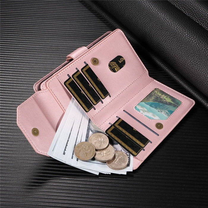 For Samsung Galaxy S25 Edge Case with Multi-Card Holder and Strap PU Leather Phone Cover Stand - Rose Gold - 5