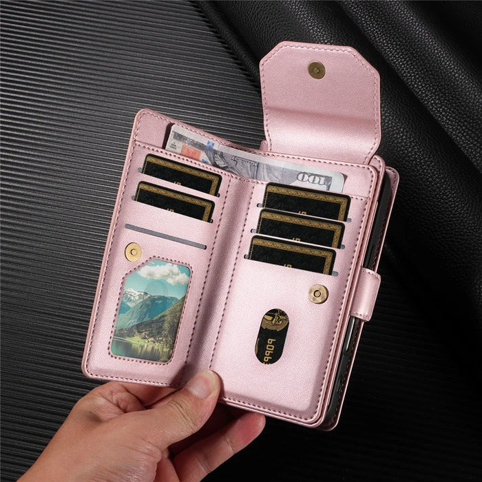 For Samsung Galaxy S25 Edge Case with Multi-Card Holder and Strap PU Leather Phone Cover Stand - Rose Gold - 6