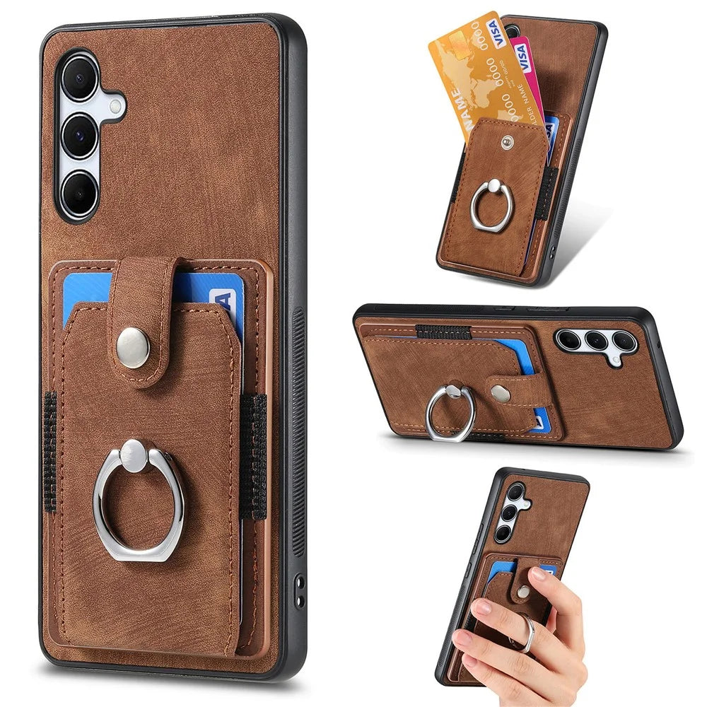For Samsung Galaxy A35 5G Phone Case Leather Back Cover with Card Slots Kickstand - Brown - 1