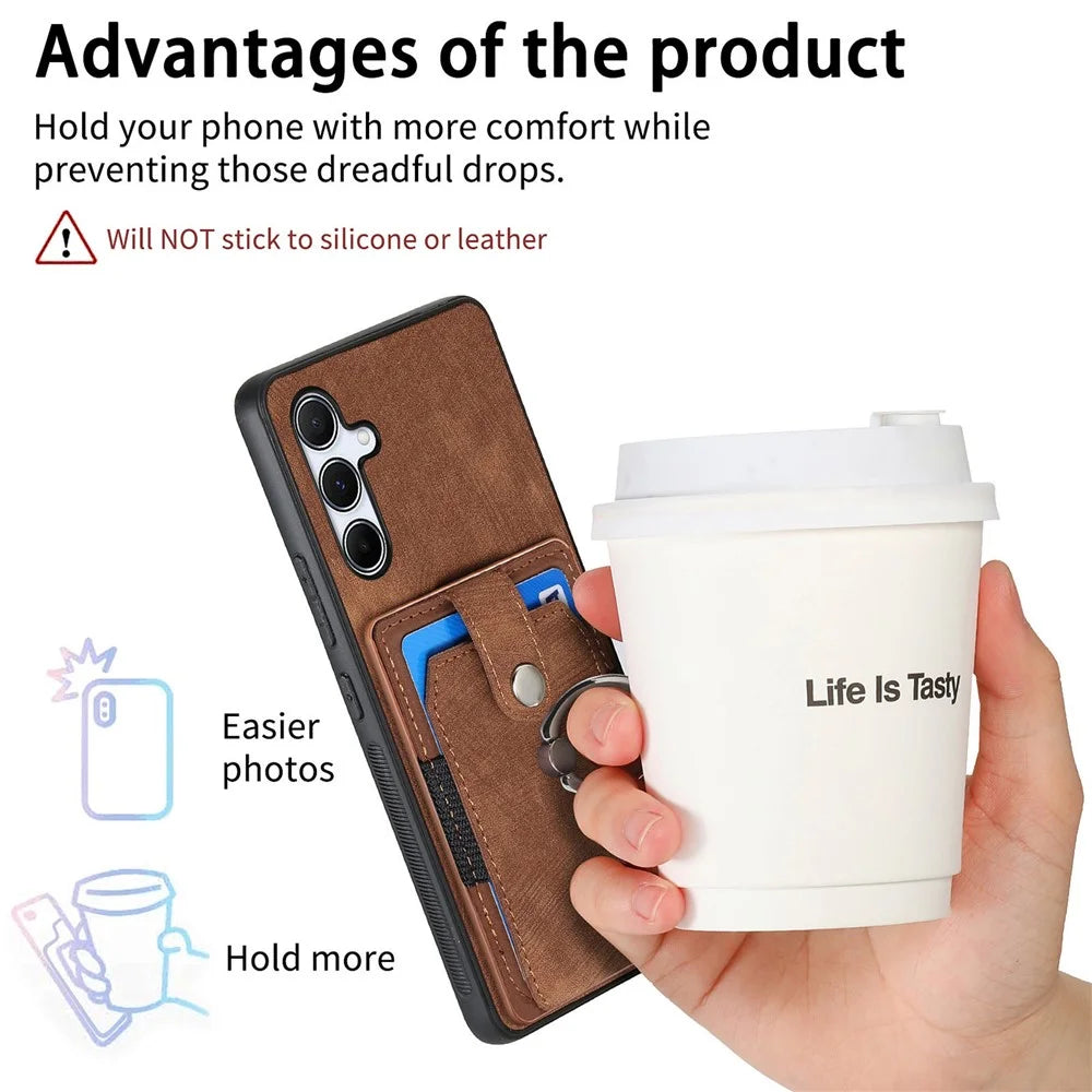 For Samsung Galaxy A35 5G Phone Case Leather Back Cover with Card Slots Kickstand - Brown - 5