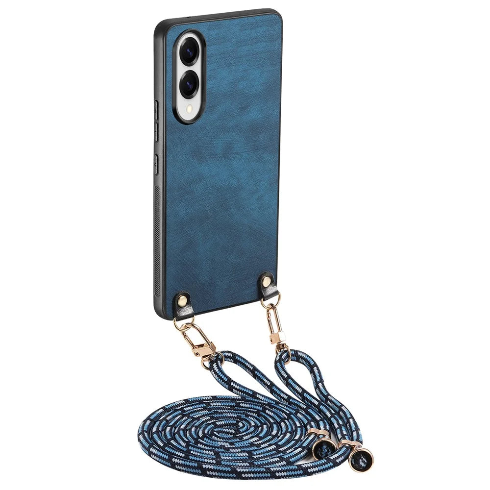 For Samsung Galaxy S25 Edge Retro Leather Phone Back Cover with Adjustable Strap - Blue - 1