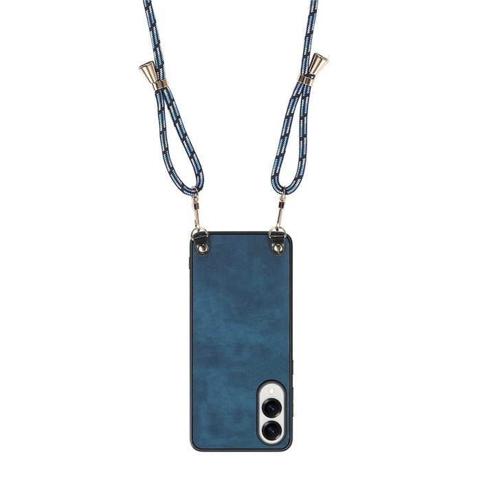 For Samsung Galaxy S25 Edge Retro Leather Phone Back Cover with Adjustable Strap - Blue - 3