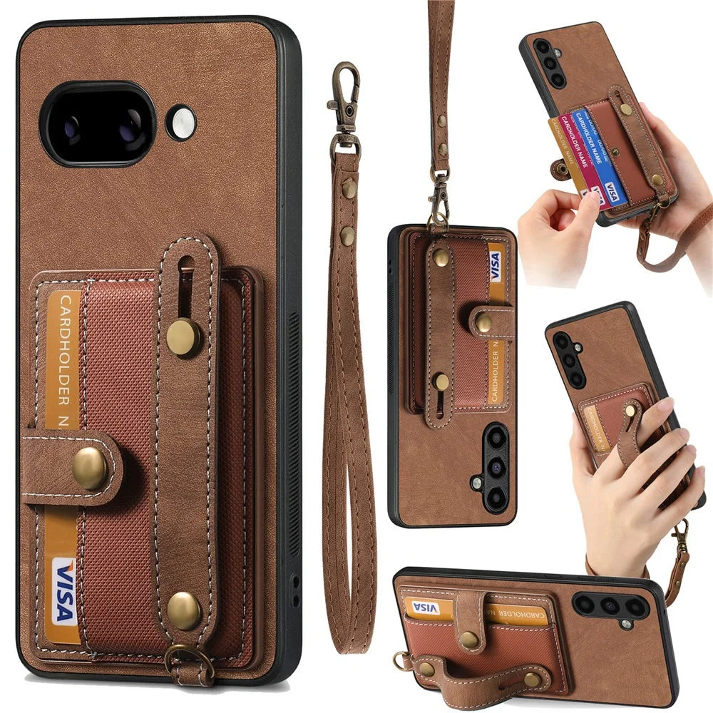 For Google Pixel 9a Retro PU Leather Back Cover with Card Holder and Wristband Kickstand - Brown - 1