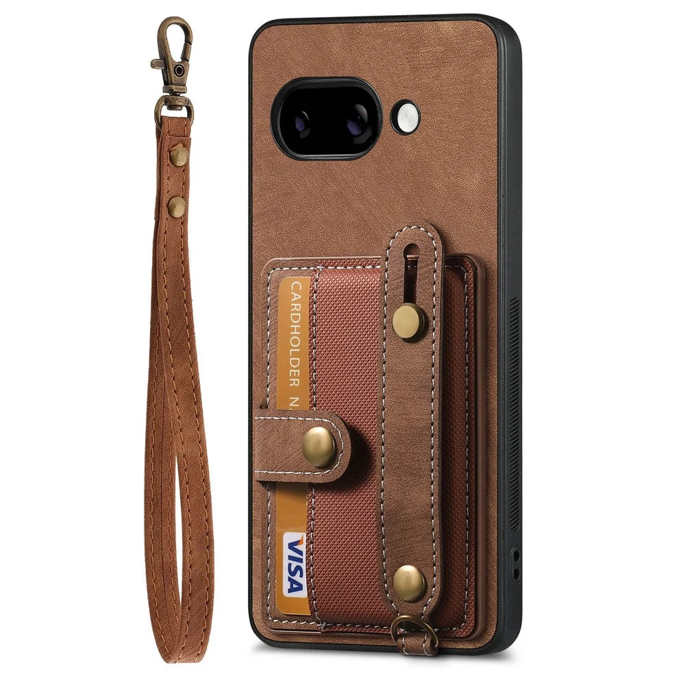 For Google Pixel 9a Retro PU Leather Back Cover with Card Holder and Wristband Kickstand - Brown - 2