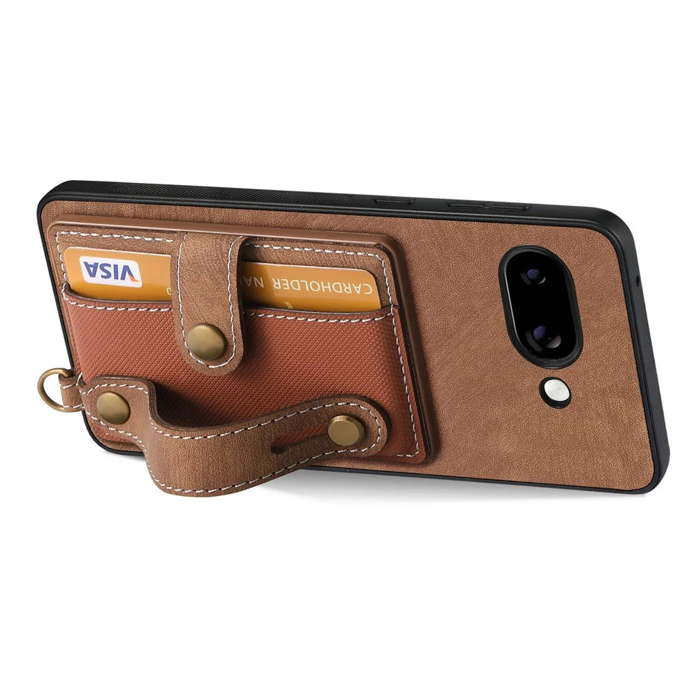 For Google Pixel 9a Retro PU Leather Back Cover with Card Holder and Wristband Kickstand - Brown - 3