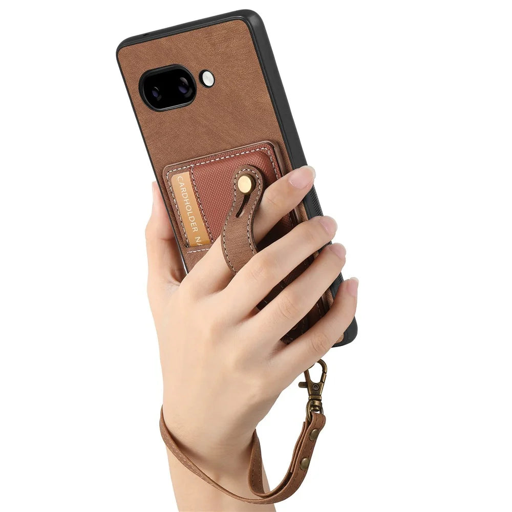 For Google Pixel 9a Retro PU Leather Back Cover with Card Holder and Wristband Kickstand - Brown - 4