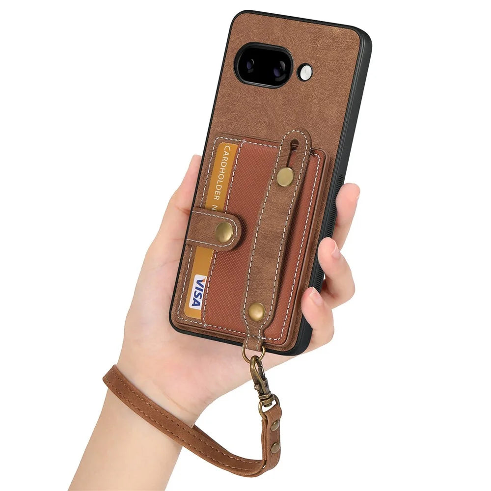 For Google Pixel 9a Retro PU Leather Back Cover with Card Holder and Wristband Kickstand - Brown - 5