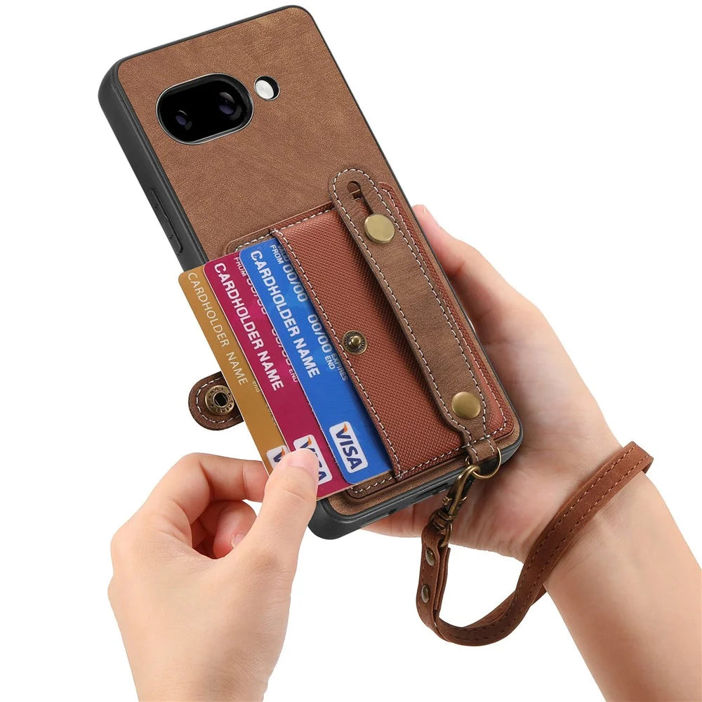 For Google Pixel 9a Retro PU Leather Back Cover with Card Holder and Wristband Kickstand - Brown - 6