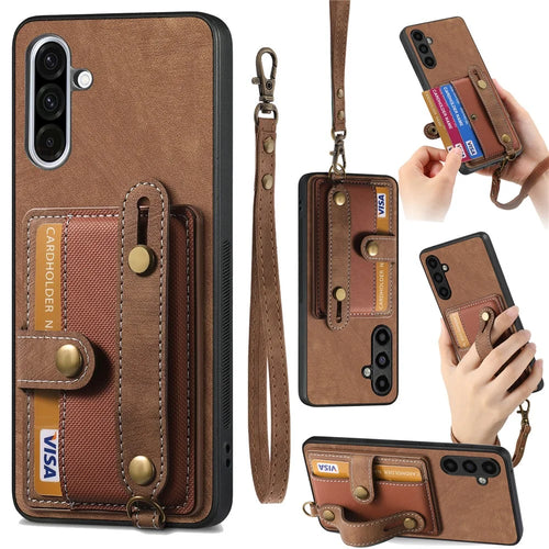 For Samsung Galaxy A56 5G Retro PU Leather Back Cover with Card Holder and Wristband Kickstand - Brown - 1