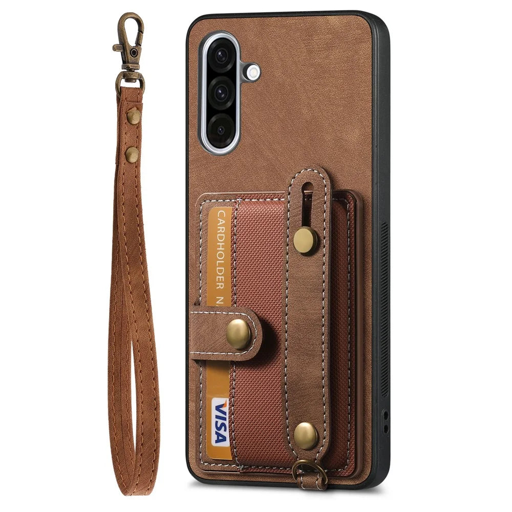 For Samsung Galaxy A56 5G Retro PU Leather Back Cover with Card Holder and Wristband Kickstand - Brown - 2