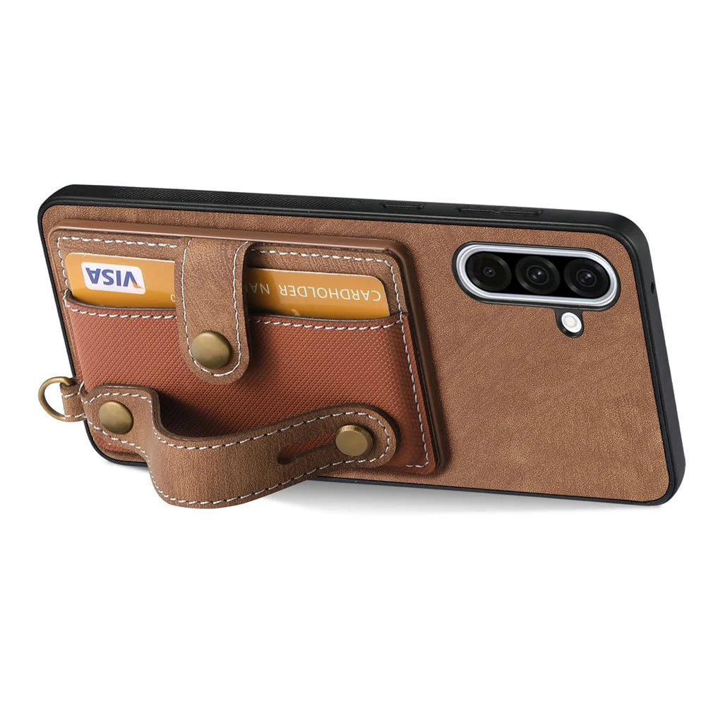 For Samsung Galaxy A56 5G Retro PU Leather Back Cover with Card Holder and Wristband Kickstand - Brown - 3