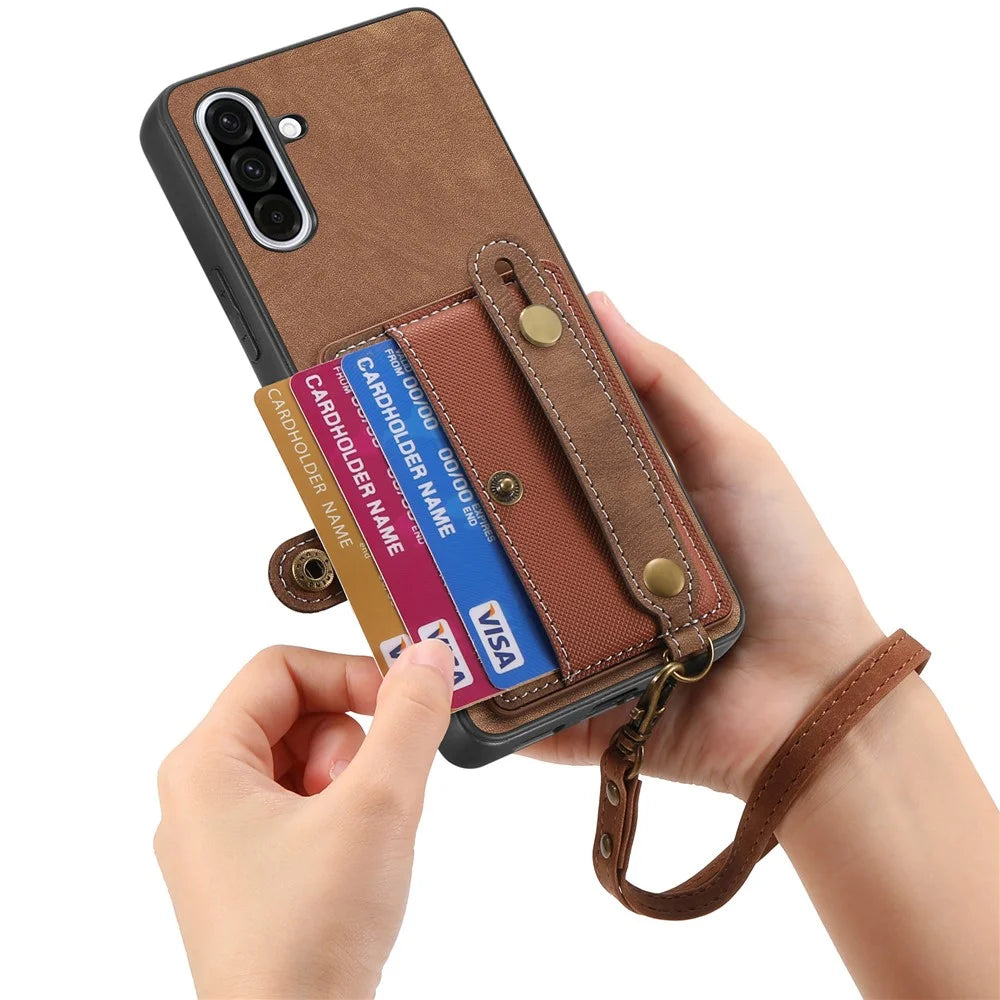 For Samsung Galaxy A56 5G Retro PU Leather Back Cover with Card Holder and Wristband Kickstand - Brown - 5