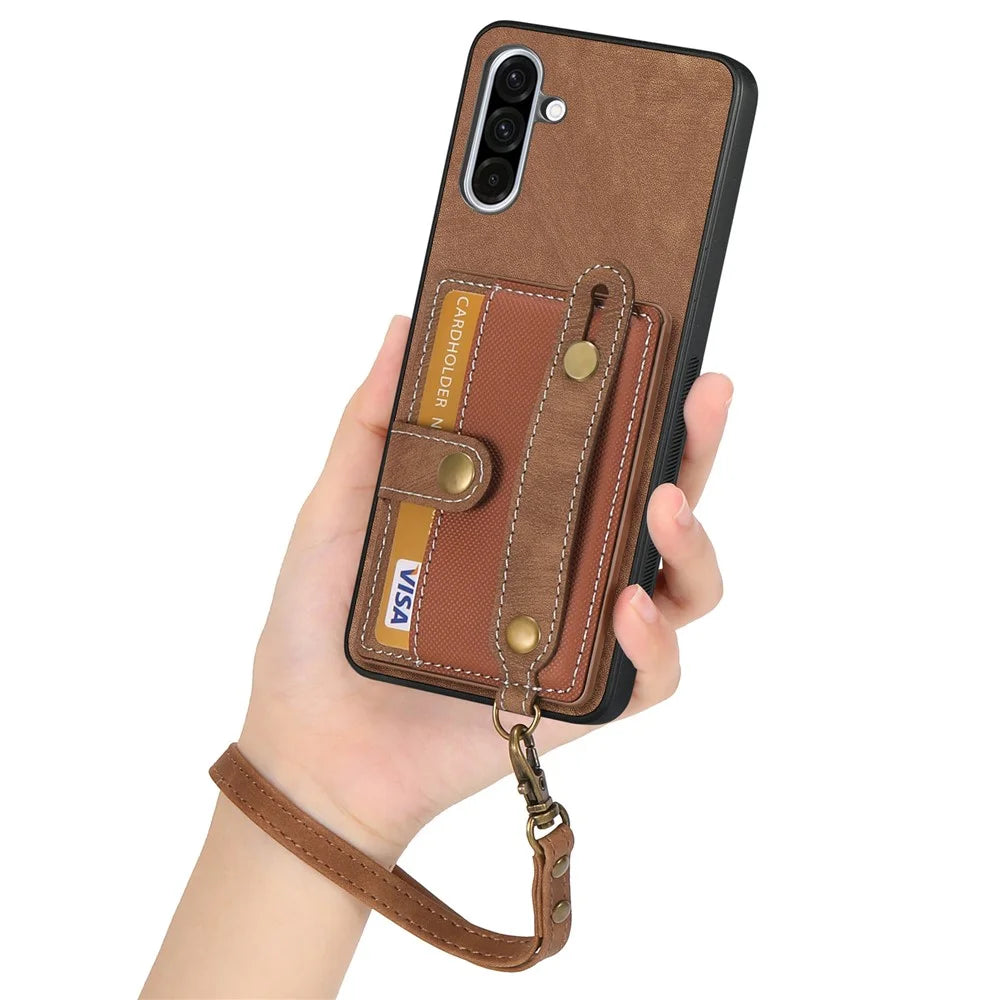 For Samsung Galaxy A56 5G Retro PU Leather Back Cover with Card Holder and Wristband Kickstand - Brown - 6