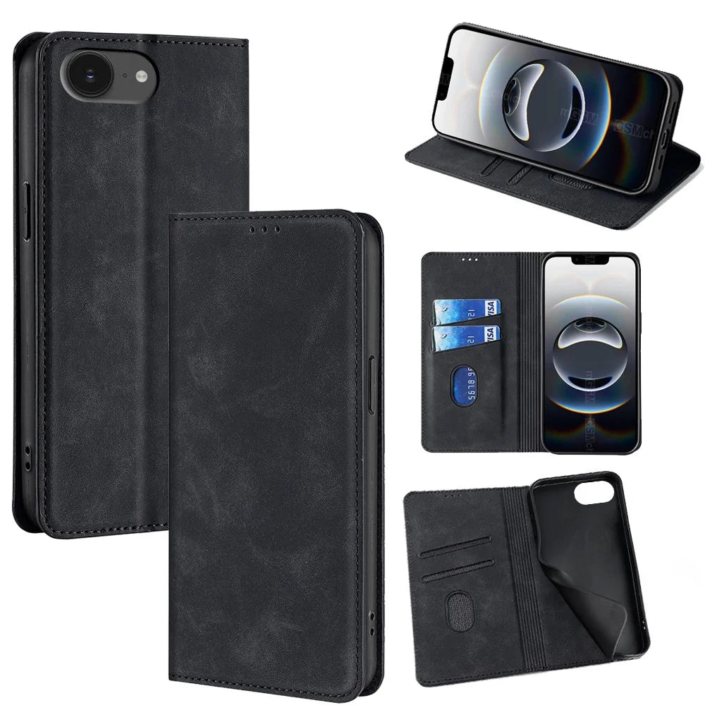 For iPhone 17e / 16e Card Holder Case PU Leather Magnetic Closing Phone Cover - Black - 1
