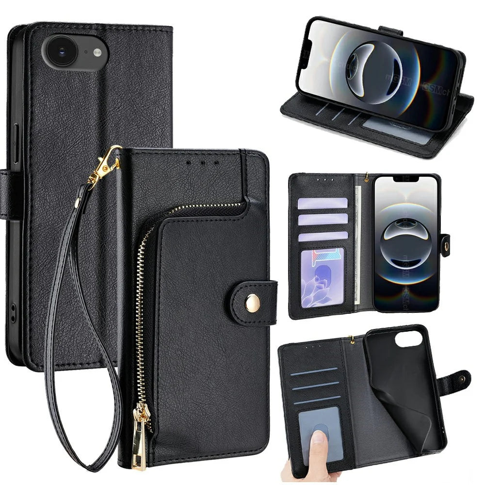 For iPhone 17e / 16e Case Zipper Pocket PU Leather Wallet Flip Phone Cover - Black - 1