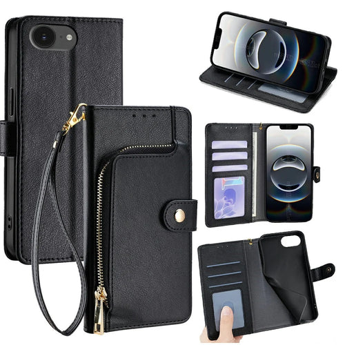 For iPhone 17e / 16e Case Zipper Pocket PU Leather Wallet Flip Phone Cover - Black - 1
