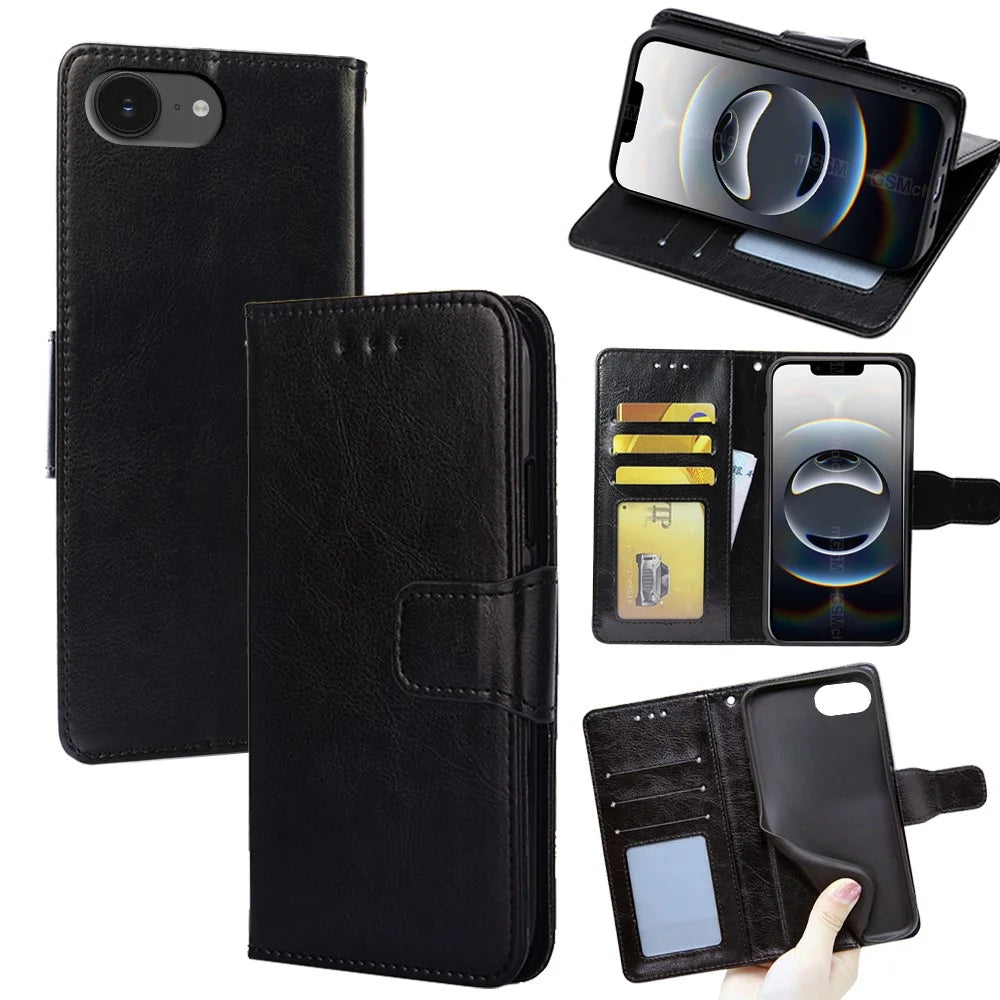 For iPhone 17e / 16e Case Wallet PU Leather + TPU Folding Stand Phone Cover - Black - 1