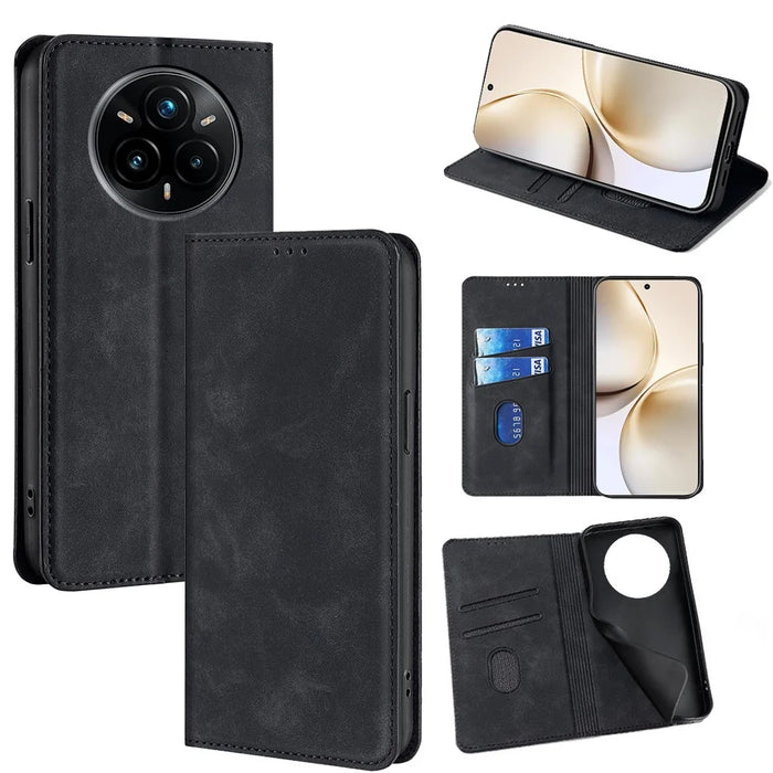 For Realme 14 Pro 5G Card Holder Case PU Leather Magnetic Closing Phone Cover - Black - 1
