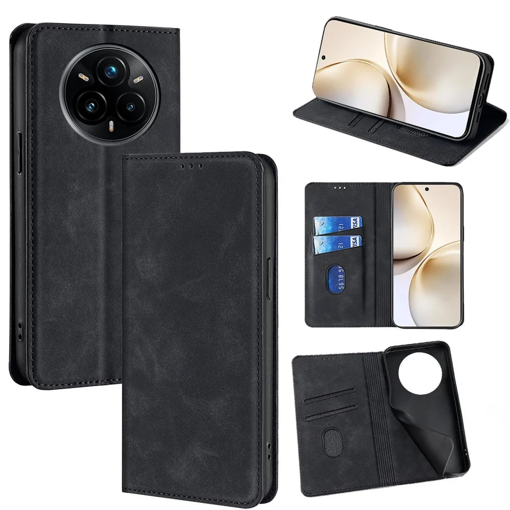 For Realme 14 Pro+ 5G Card Holder Case PU Leather Magnetic Closing Phone Cover - Black - 1
