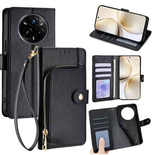 For Realme 14 Pro 5G Case Zipper Pocket PU Leather Wallet Flip Phone Cover - Black - 1