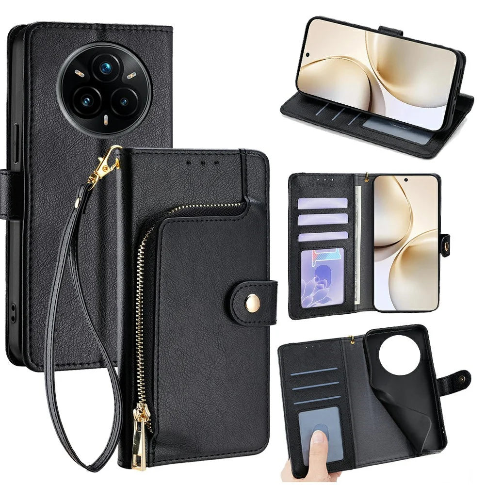 For Realme 14 Pro+ 5G Case Zipper Pocket PU Leather Wallet Flip Phone Cover - Black - 1