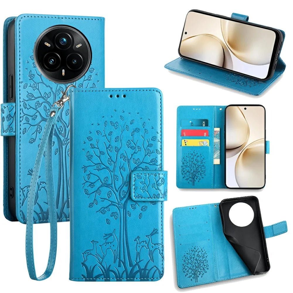 For Realme 14 Pro 5G Case PU Leather Wallet Phone Cover Tree Deer Imprinted - Blue - 1