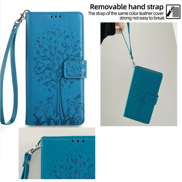 For Realme 14 Pro 5G Case PU Leather Wallet Phone Cover Tree Deer Imprinted - Blue - 4