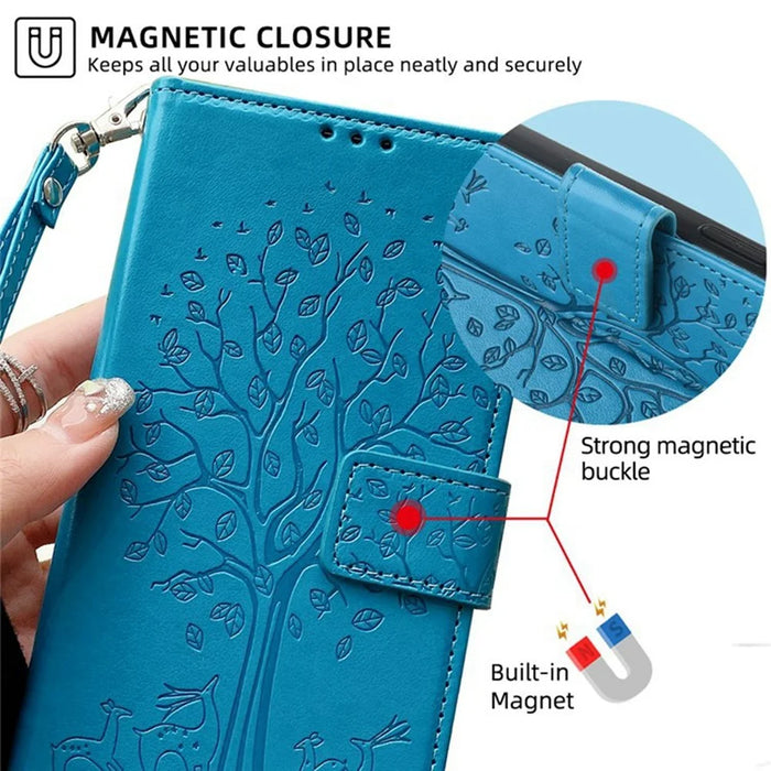 For Realme 14 Pro 5G Case PU Leather Wallet Phone Cover Tree Deer Imprinted - Blue - 6